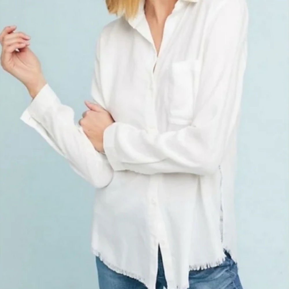Anthropologie Cloth and Stone‎ White Tencel Lyocell Fringe Button Up Tunic Small